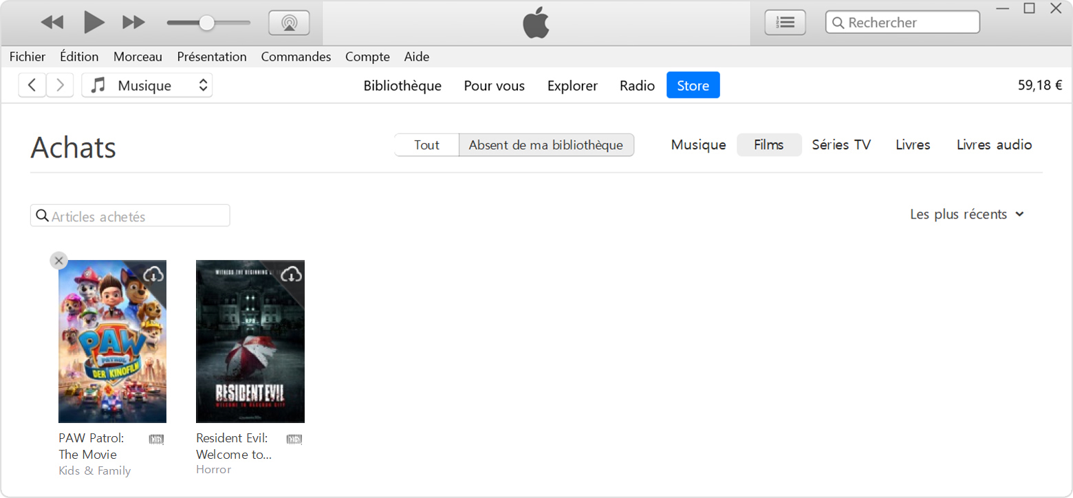 Le bouton Masquer l’achat dans iTunes sur un PC