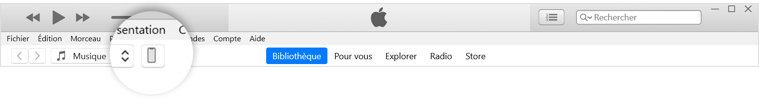 La barre de menus d’iTunes avec le bouton de l’appareil agrandi.