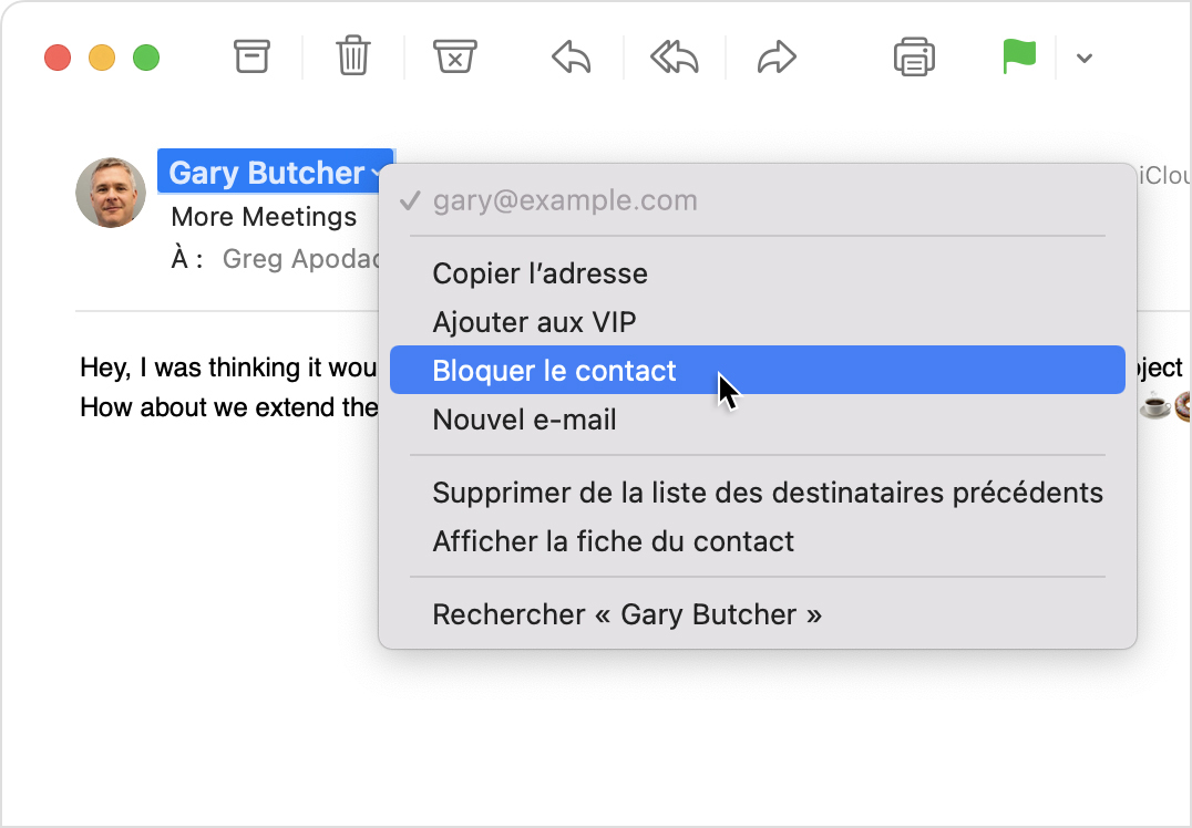 Menu de l’expéditeur dans Mail sous macOS avec l’option Bloquer le contact sélectionnée