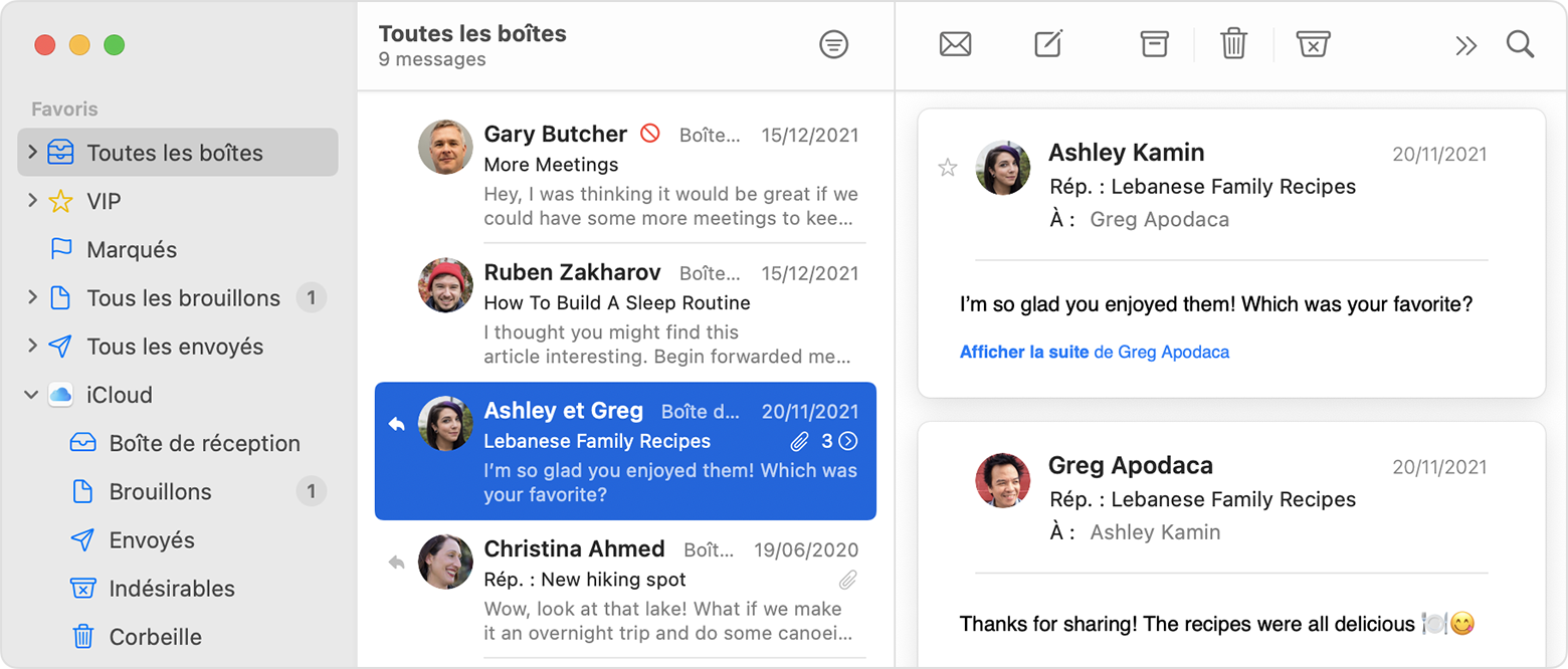 Fenêtre Mail sous macOS avec les messages organisés par conversation