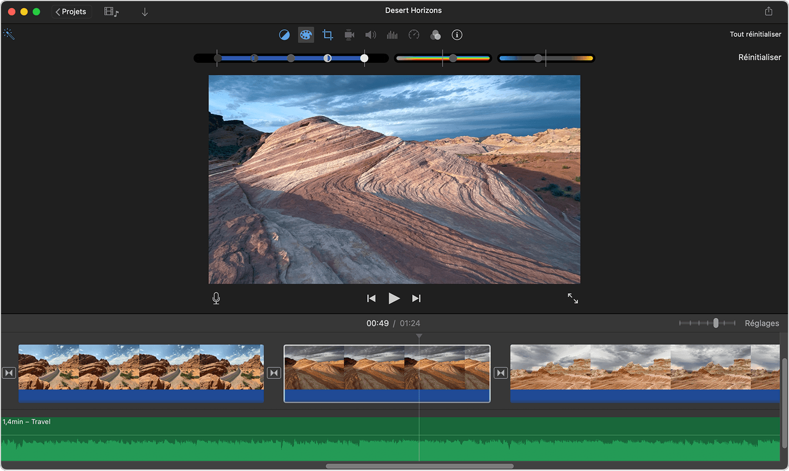 Fenêtre Projet d’iMovie pour Mac affichant les commandes de correction des couleurs