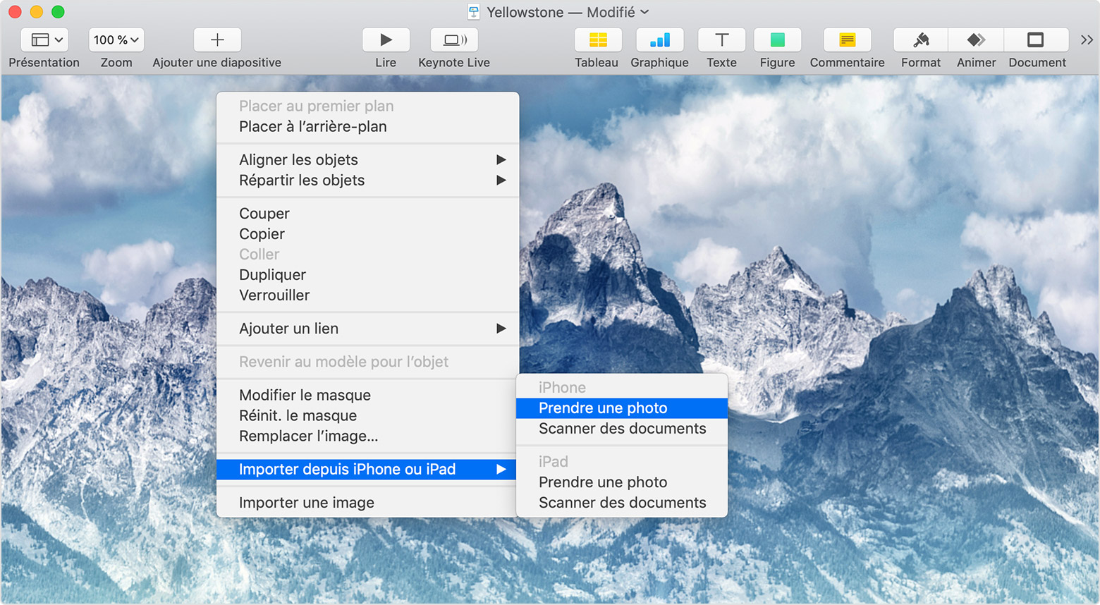 menu Importer depuis iPhone ou iPad dans une diapositive de Keynote