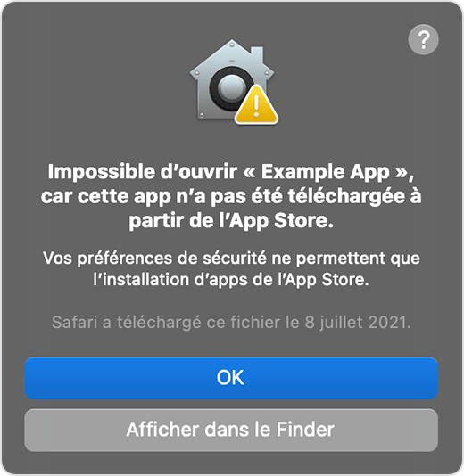 Fenêtre d’alerte macOS : l’app ne peut pas être ouverte, car elle n’a pas été téléchargée depuis l’App Store.