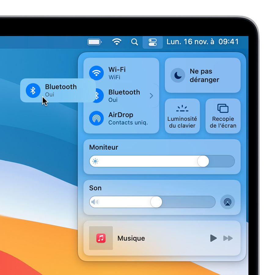 Glissement de Bluetooth du Centre de contrôle vers la barre des menus du Bureau dans macOS Big Sur