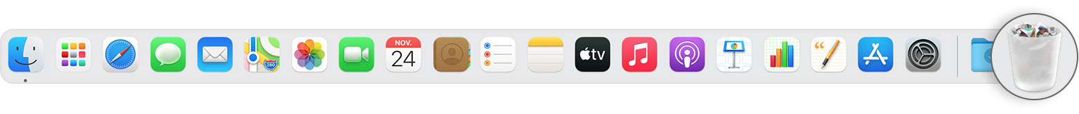 Dock macOS avec l’icône de la corbeille agrandie
