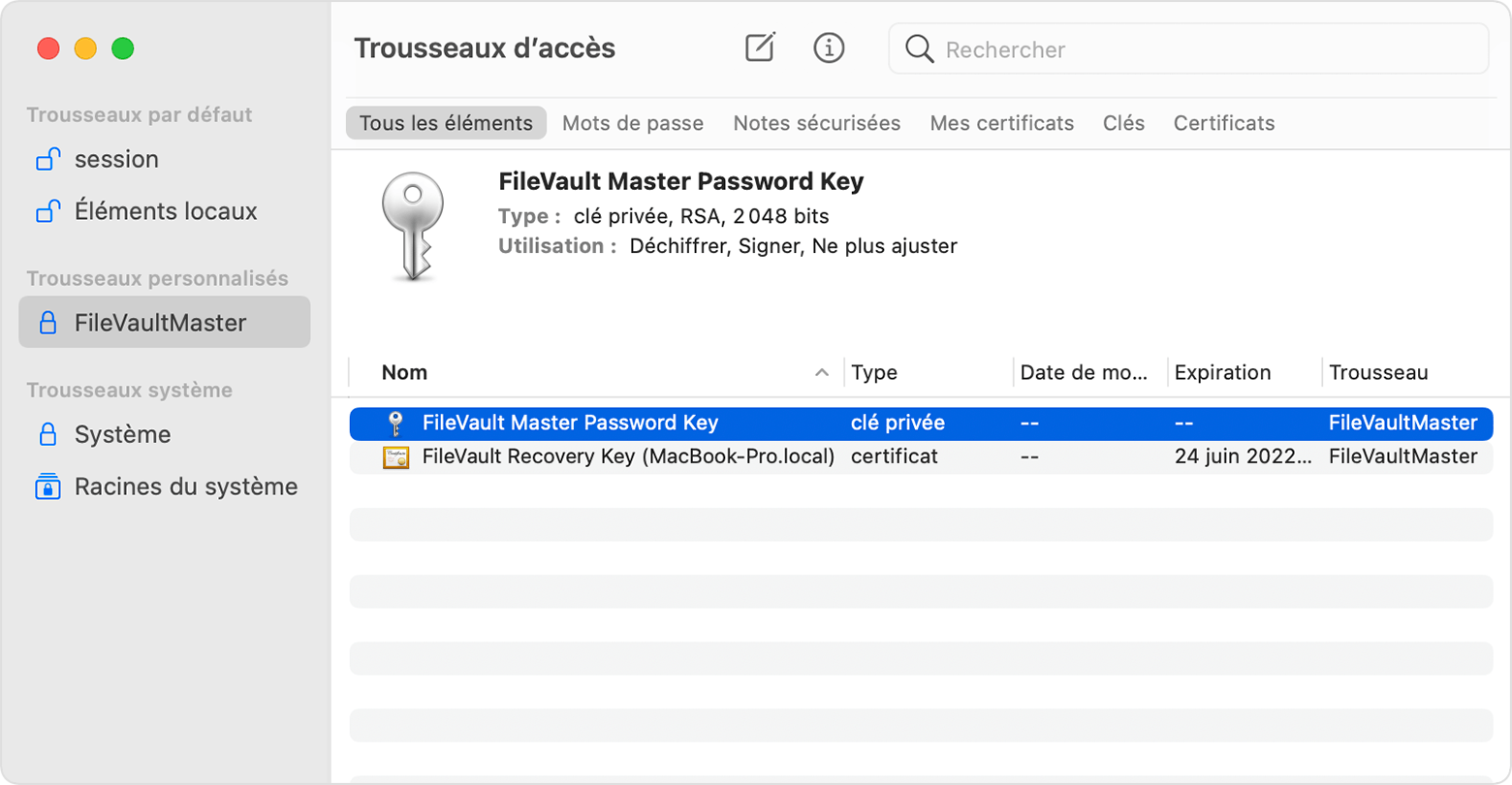 Trousseaux d’accès, illustrant la clé de mot de passe principal FileVault Master Password Key sélectionnée
