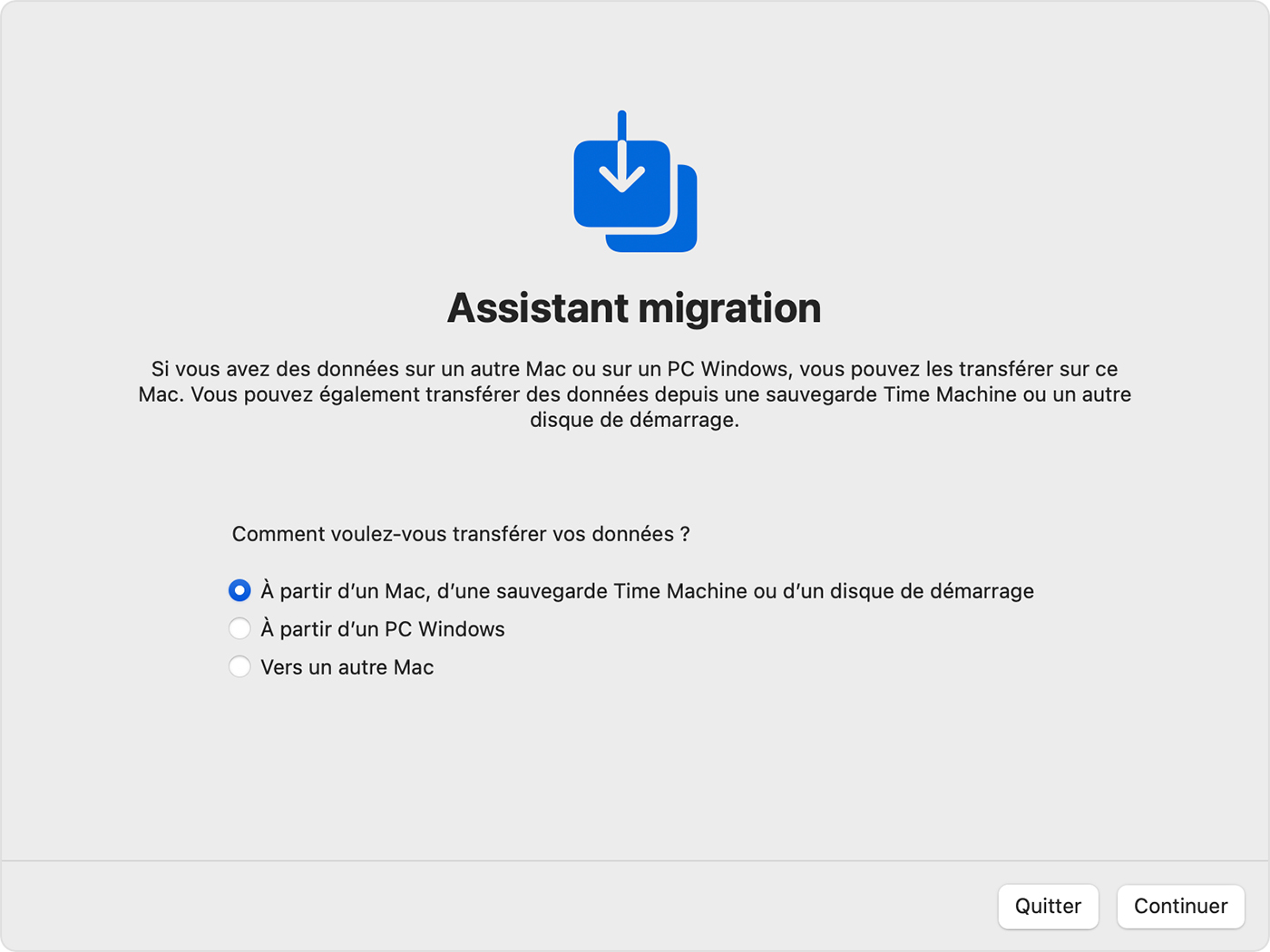 Assistant migration : comment souhaitez-vous transférer vos données ?