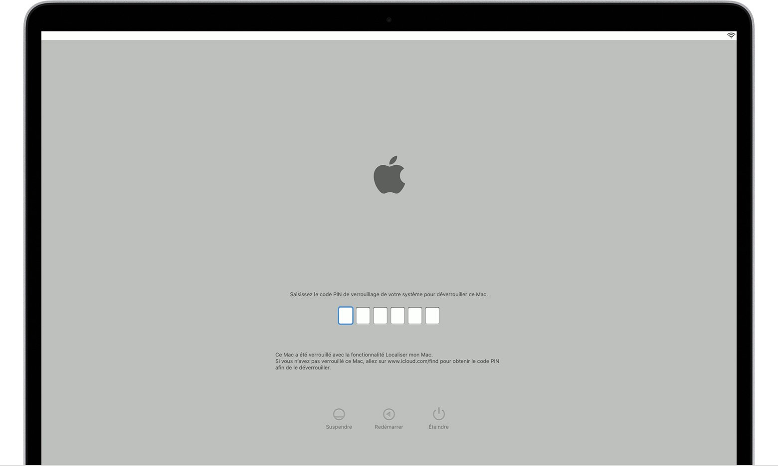 Écran de démarrage avec code PIN de verrouillage du système macOS