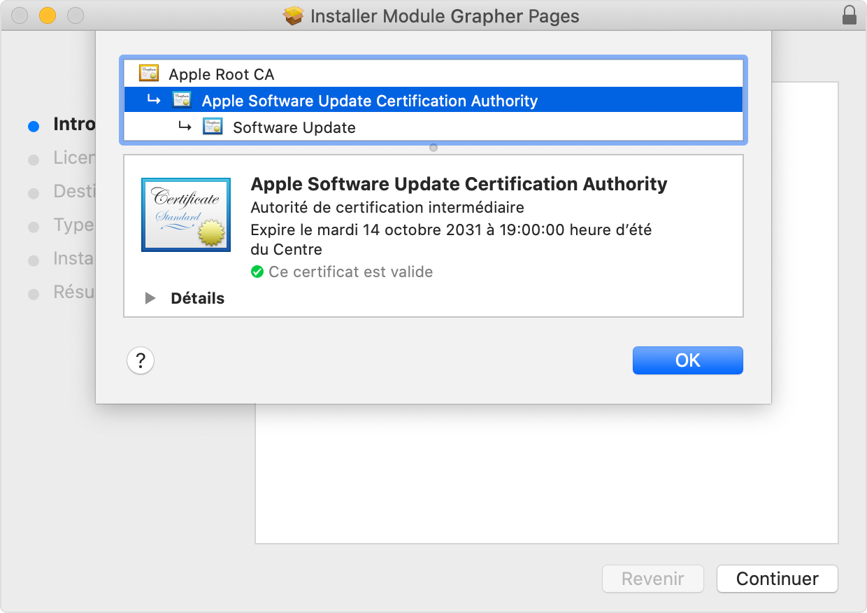 Fenêtre du programme d’installation montrant l’Autorité de certification des mises à jour logicielles Apple sélectionnée