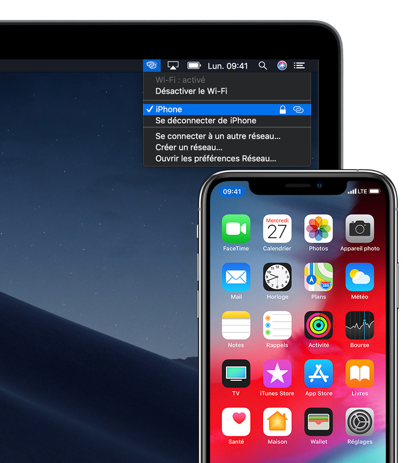 Ordinateur Mac affichant le menu d’état du Wi-Fi connecté au partage de connexion d’un iPhone, et iPhone présentant une barre d’état bleue qui indique qu’un partage de connexion est actif