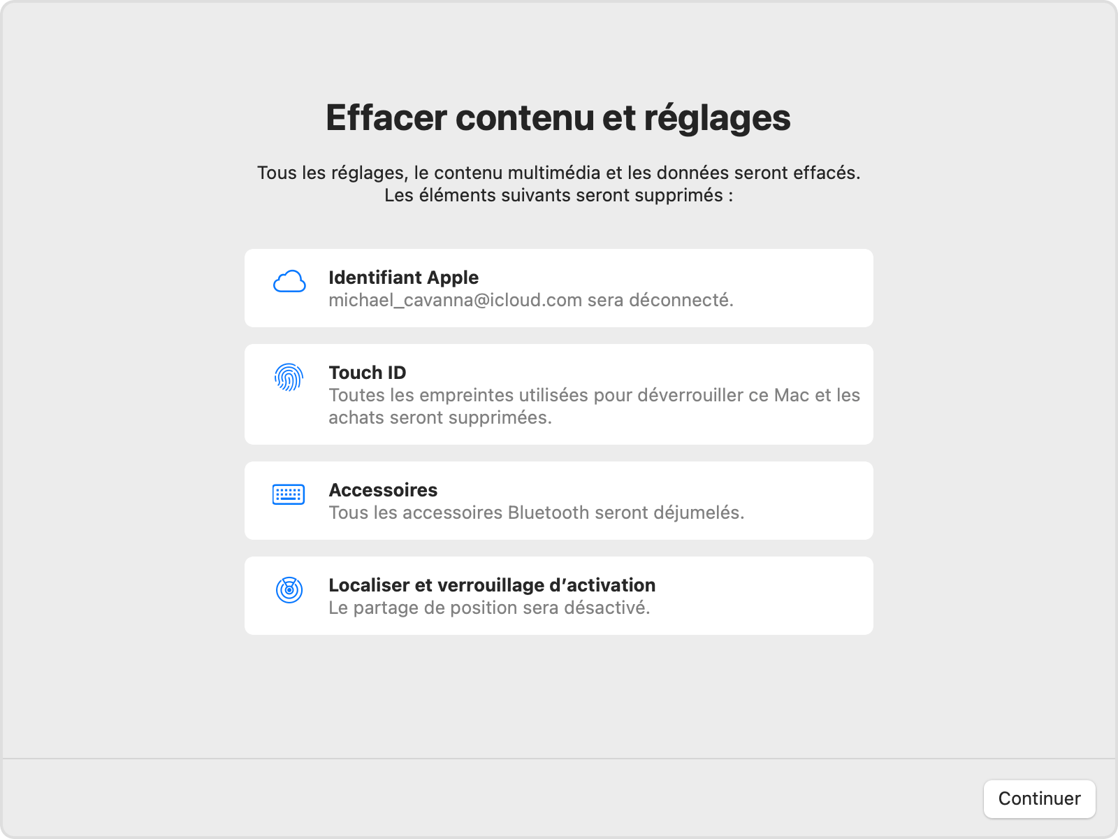 Fenêtre Effacer contenu et réglages de macOS affichant les éléments qui seront également supprimés