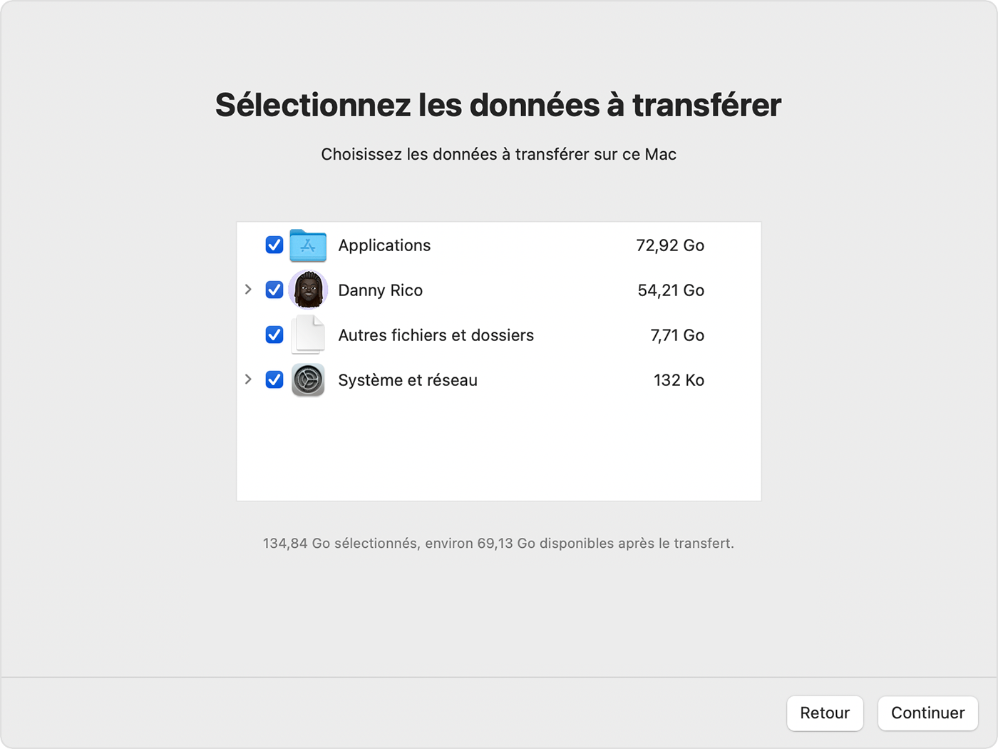 Assistant migration : Sélectionnez les utilisateurs et dossiers à transférer vers le nouveau Mac
