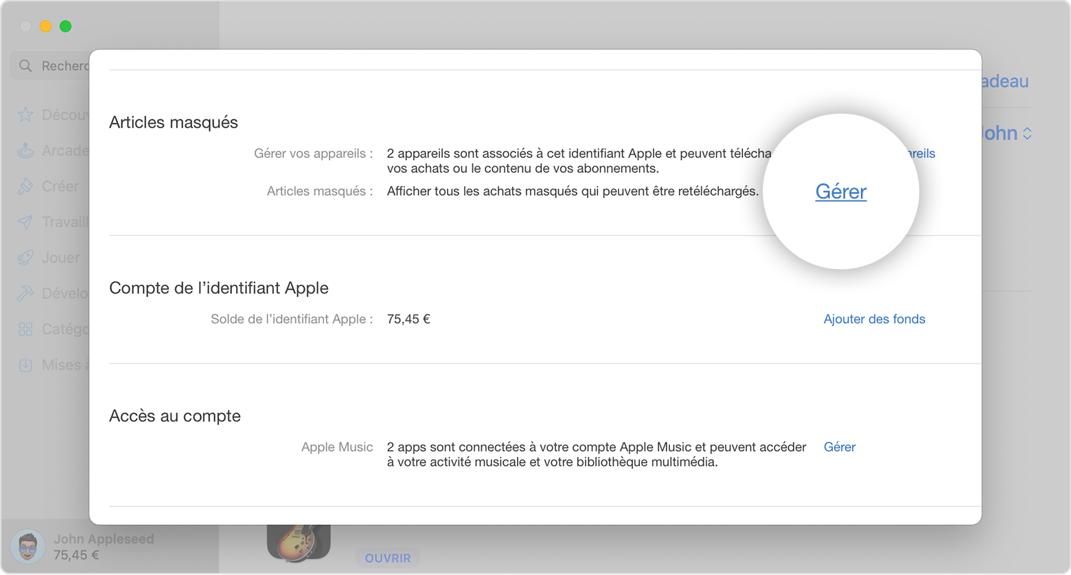 App Store sur Mac montrant la section Éléments masqués de la page d’informations du compte. Le bouton Gérer est mis en évidence sur l’image.