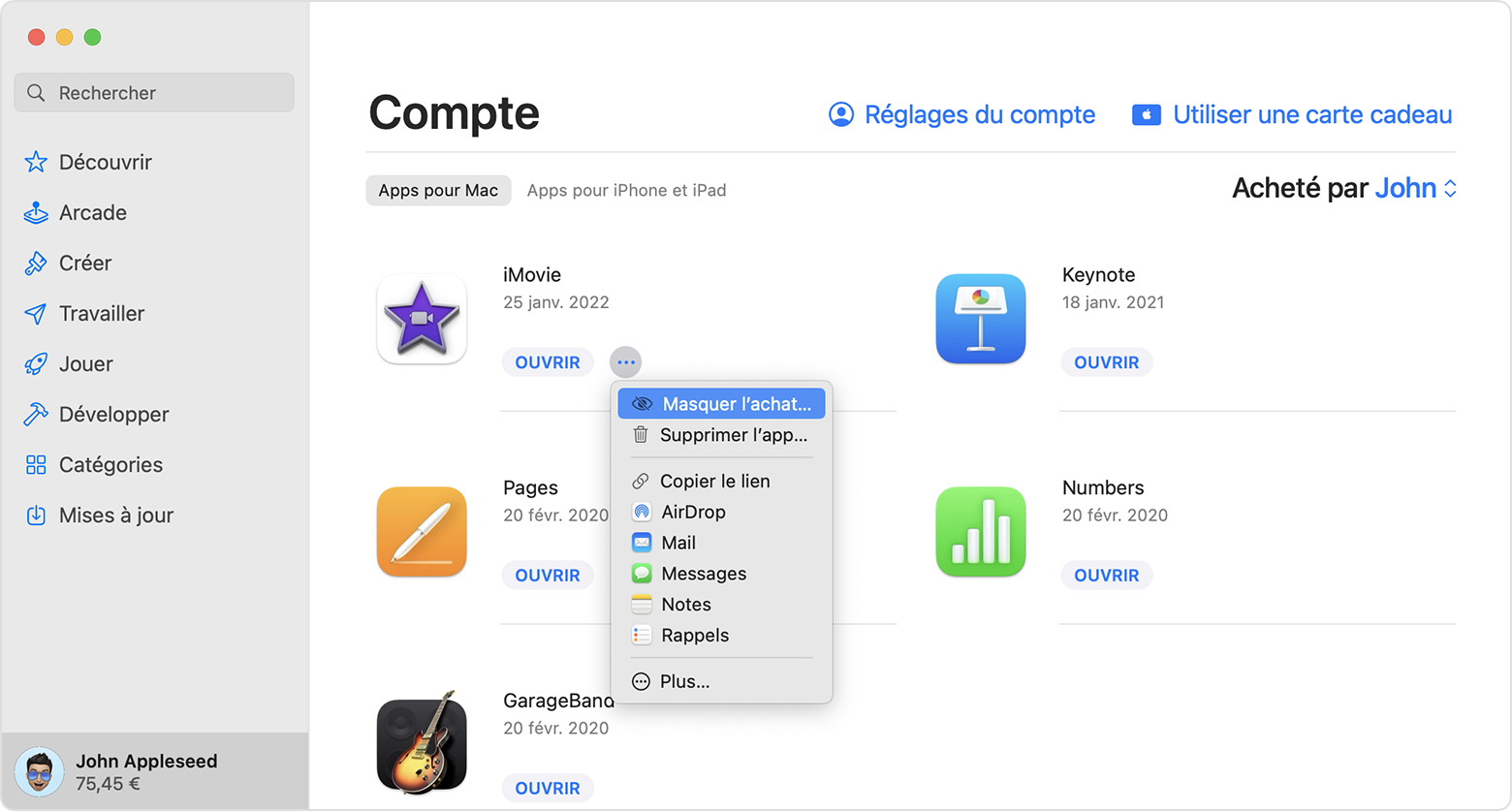 App Store sur le Mac montrant le menu qui apparaît après sélection du bouton Plus d’options. L’option Masquer l’achat est sélectionnée.