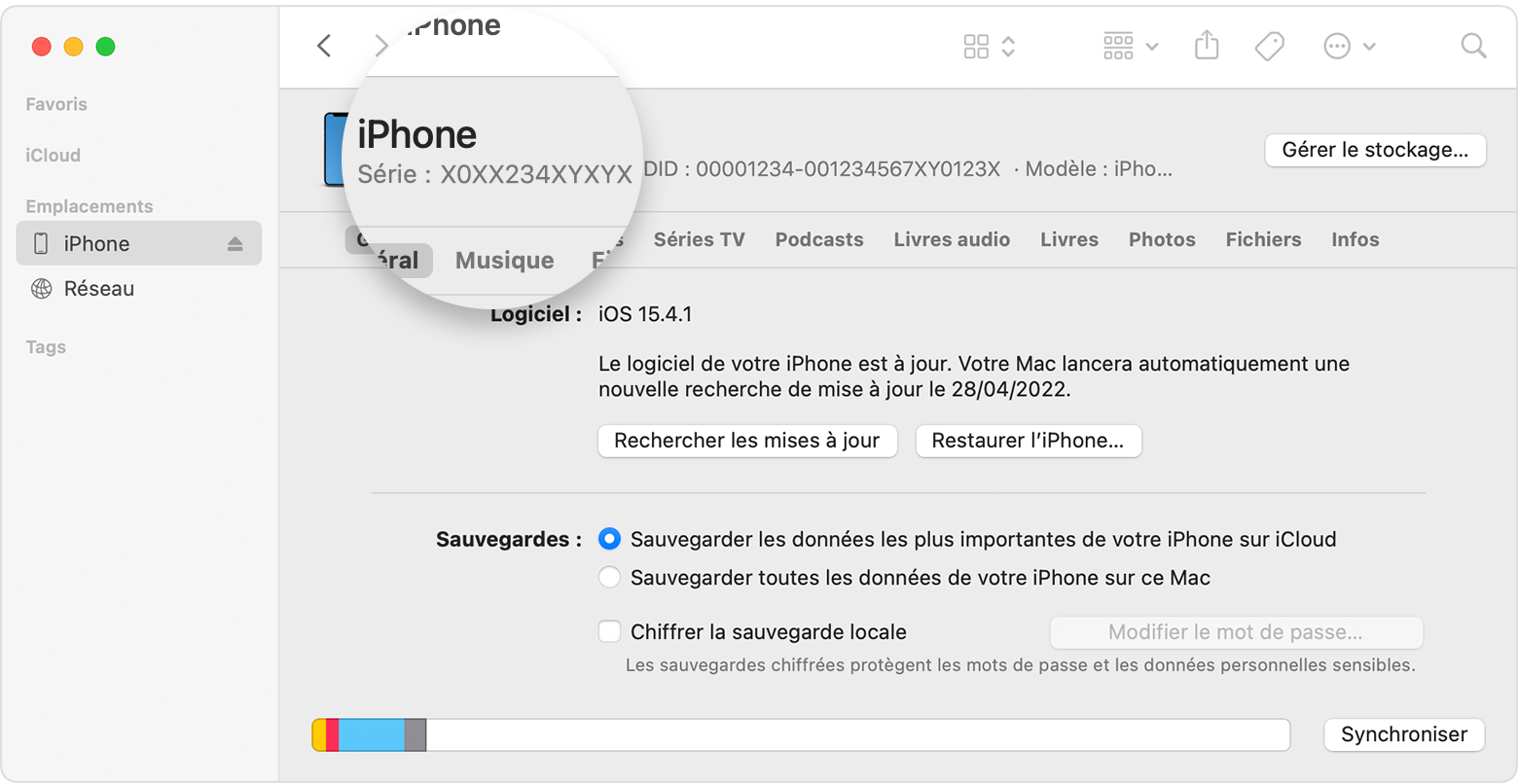 Capture d’écran de la fenêtre du Finder montrant le numéro de série de l’iPhone