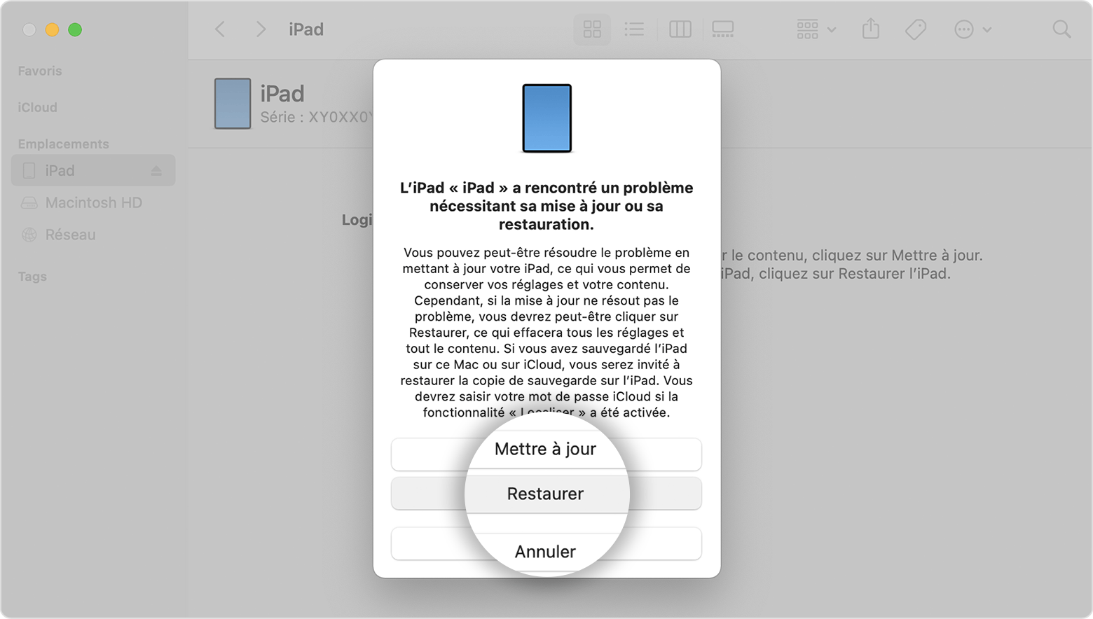 Écran de l’iPad affichant le bouton Restaurer