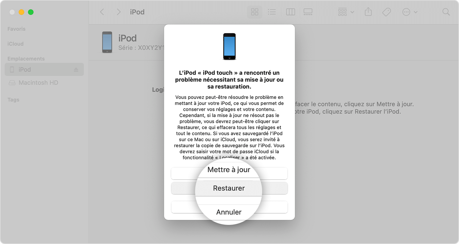 Fenêtre Mac montrant le bouton de restauration