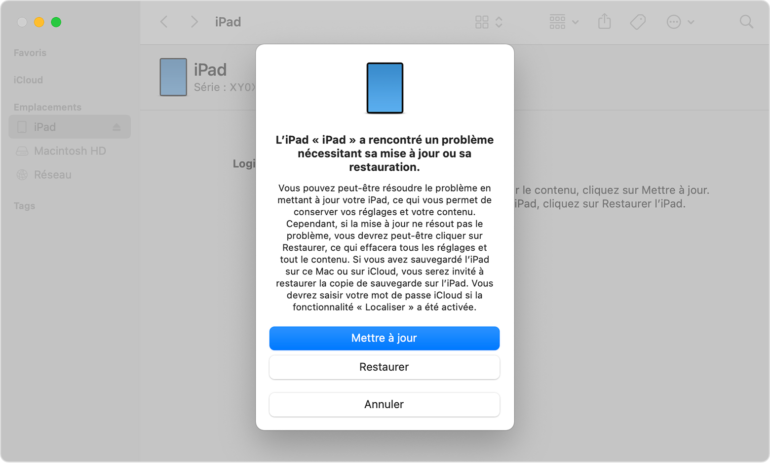 Fenêtre du Finder invitant à mettre à jour ou à restaurer l’iPad. L’option Mettre à jour est sélectionnée.