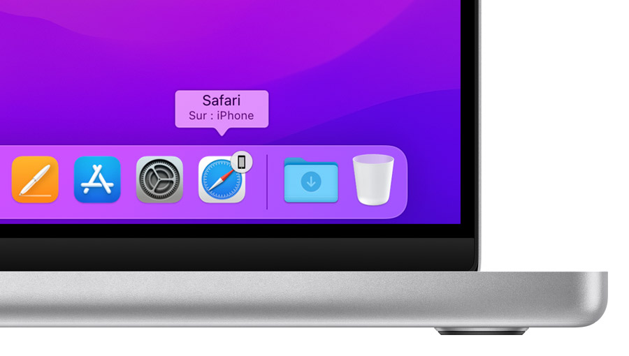 Dock de macOS affichant l’icône de l’app Safari avec le libellé « Depuis l’iPhone »