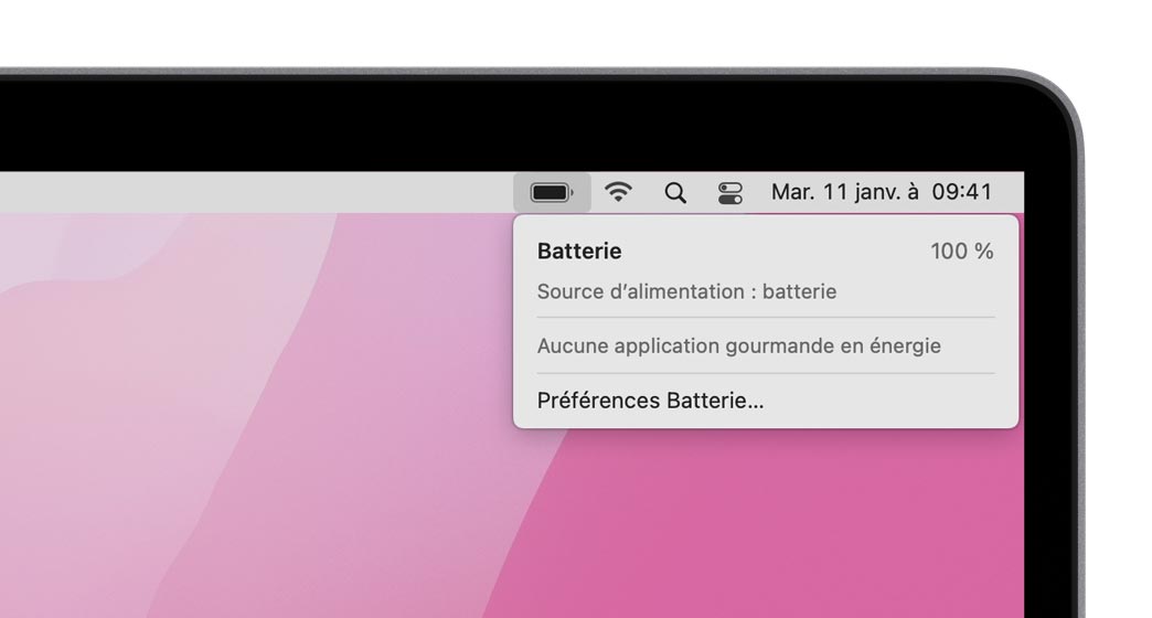 Barre de menus macOS  avec le menu Batterie ouvert
