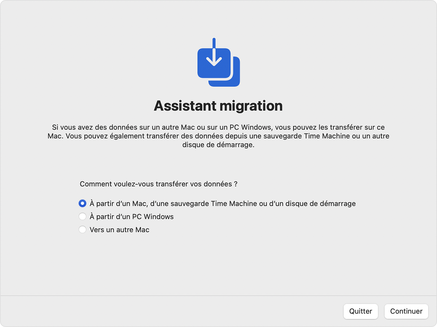 Assistant migration : Comment voulez-vous transférer vos données ?