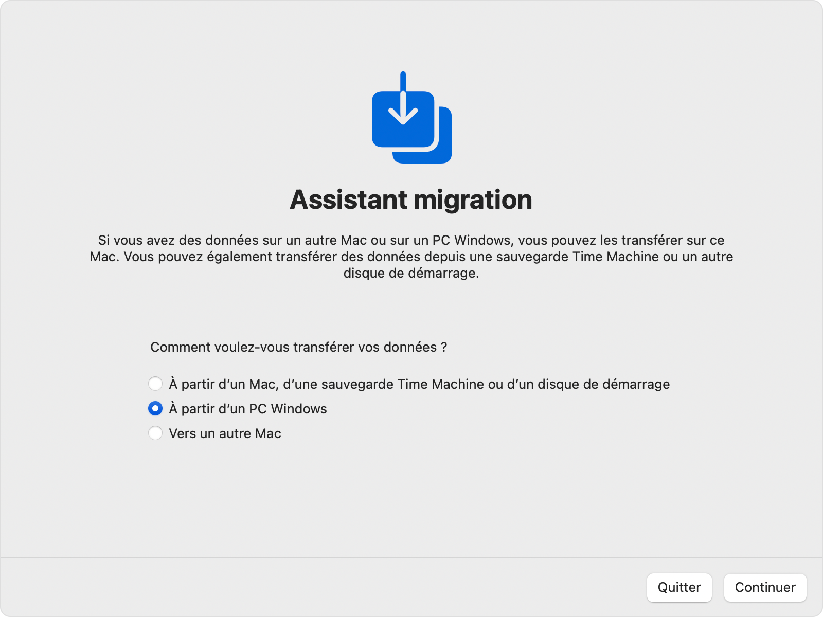 Écran de transfert à partir d’un PC Windows de l’Assistant migration