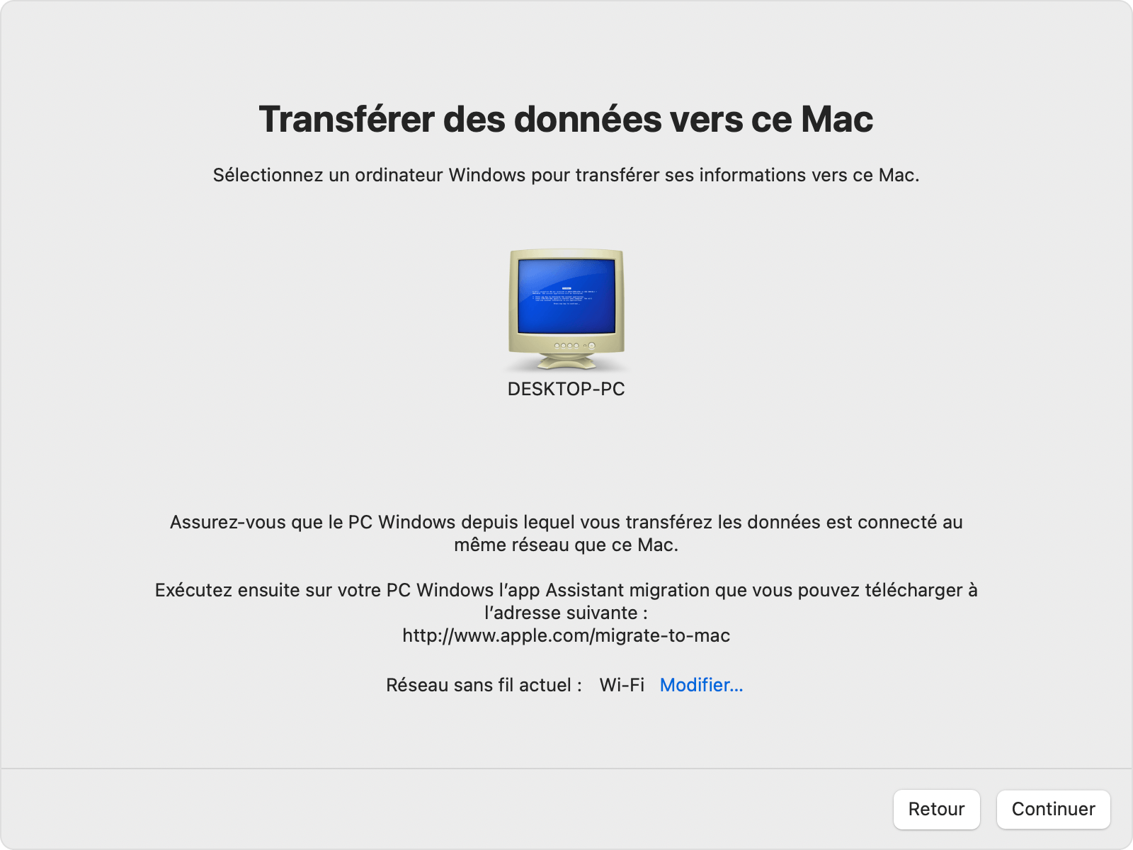 Écran de transfert vers ce Mac de l’Assistant migration