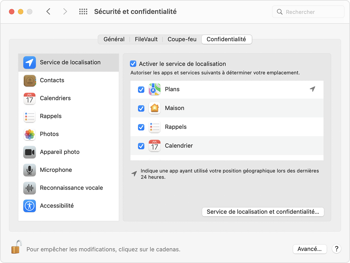 Options associées au service de localisation dans la fenêtre Sécurité et confidentialité de Préférences Système sous macOS, avec la case « Activer le service de localisation » cochée.