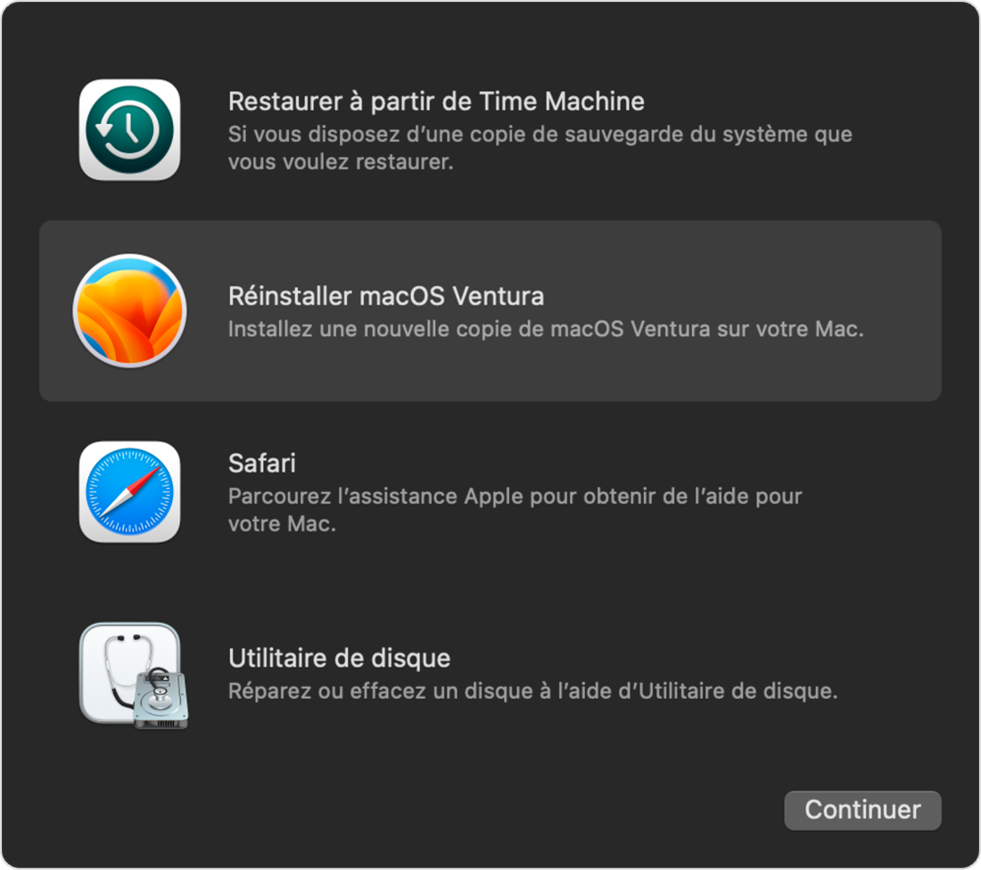 Fenêtre Utilitaires de la fonctionnalité de récupération de macOS