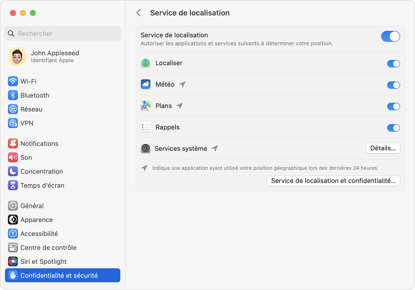 Options Service de localisation dans les réglages Confidentialité et sécurité de macOS, avec les réglages « Service de localisation » et « Plans » sélectionnés