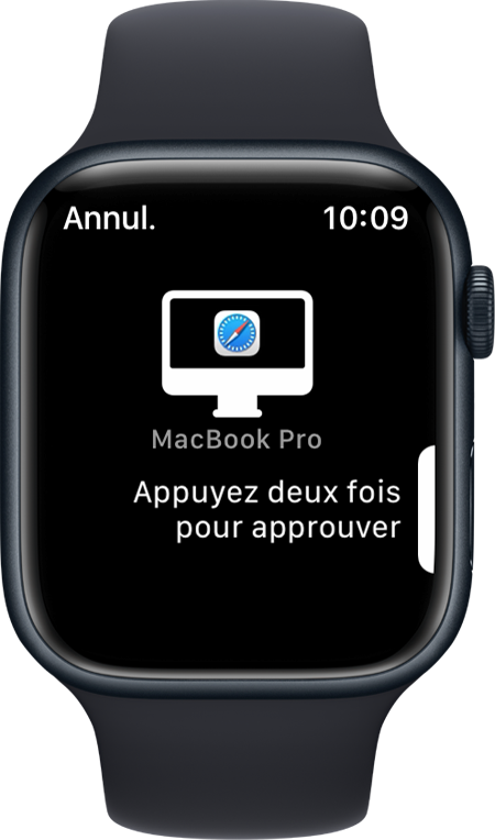 Écran d’une Apple Watch montrant un message indiquant « Appuyez deux fois pour approuver »
