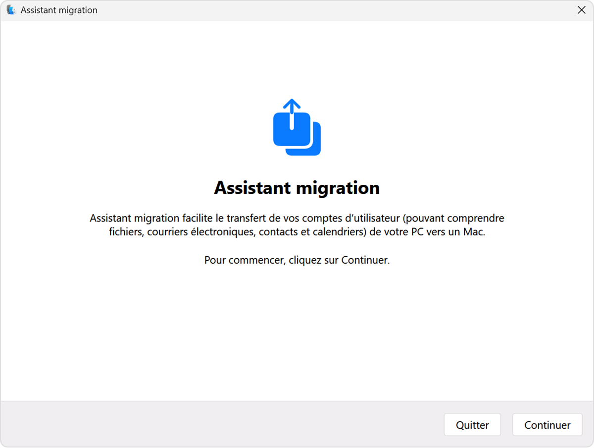 Première fenêtre de l’Assistant migration sur ordinateur
