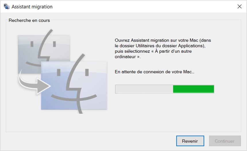 Fenêtre de l’Assistant migration indiquant qu’il attend la connexion du Mac