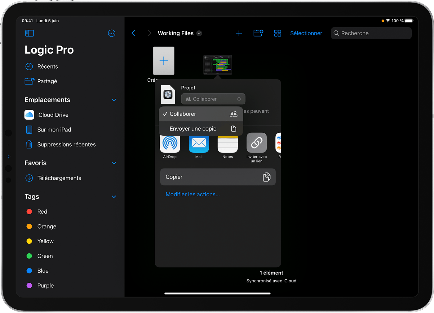 Dossier Logic Pro pour iPad par défaut, avec la fenêtre Partager affichant l’option Collaborer sélectionnée dans le menu local