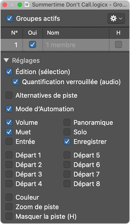 Fenêtre de l’inspecteur de groupes avec les options de Réglages ouvertes