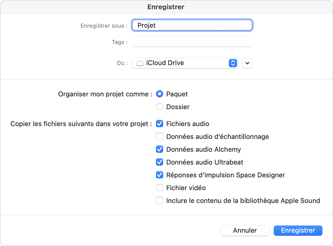 Boîte de dialogue Enregistrer de Logic Pro avec l’option Paquet sélectionnée