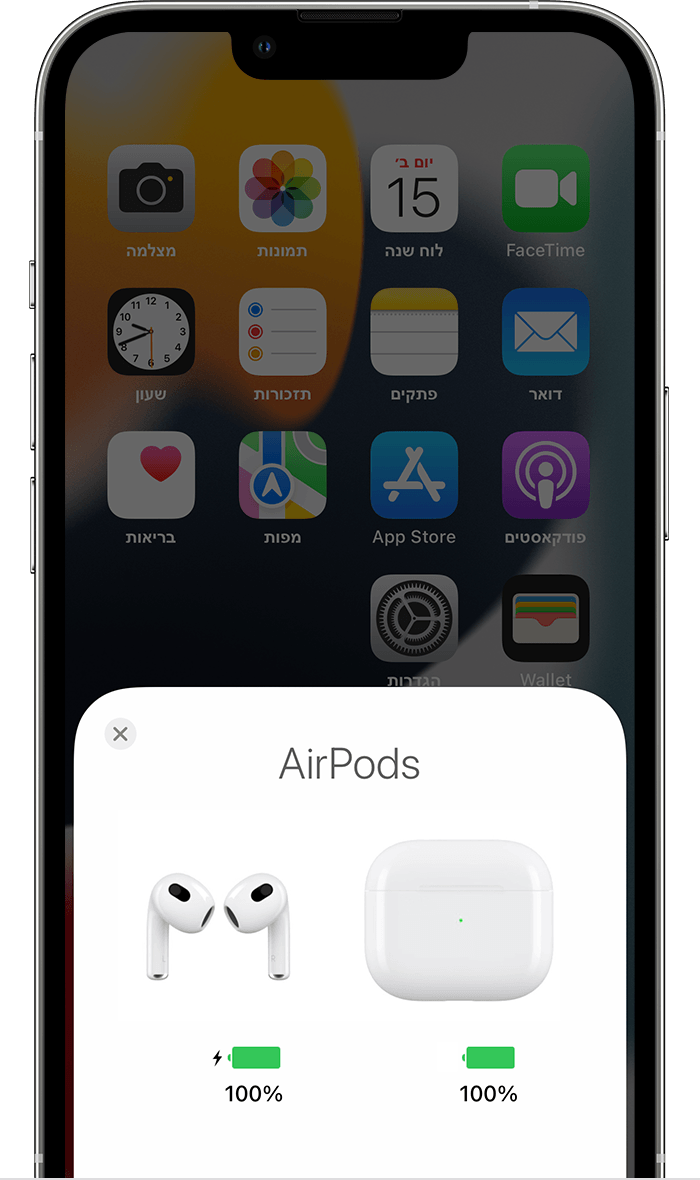טעינת ה-AirPods וקבלת מידע על חיי הסוללה - התמיכה של Apple (IL)
