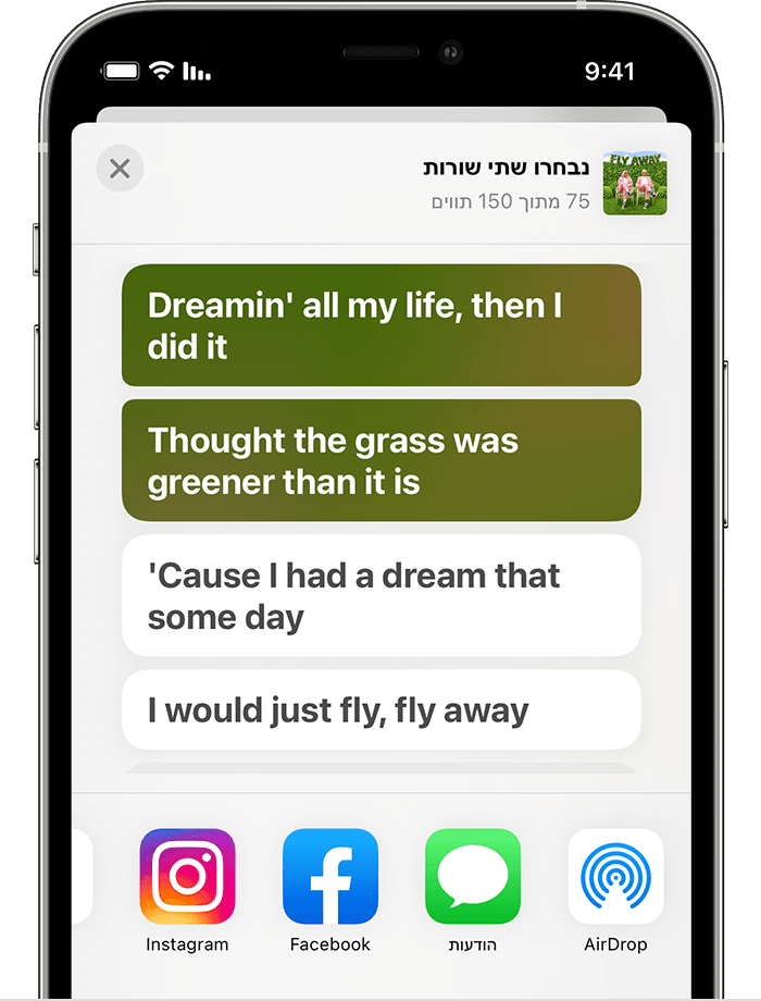 iPhone מראה את גיליון השיתוף עם שתי שורות מהשיר שנבחר. 