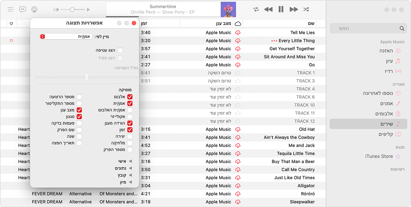 חלון של אפליקציית Music שמופיעות בו אפשרויות תצוגה, כולל 'הורדה מהענן' ו'מצב ענן'