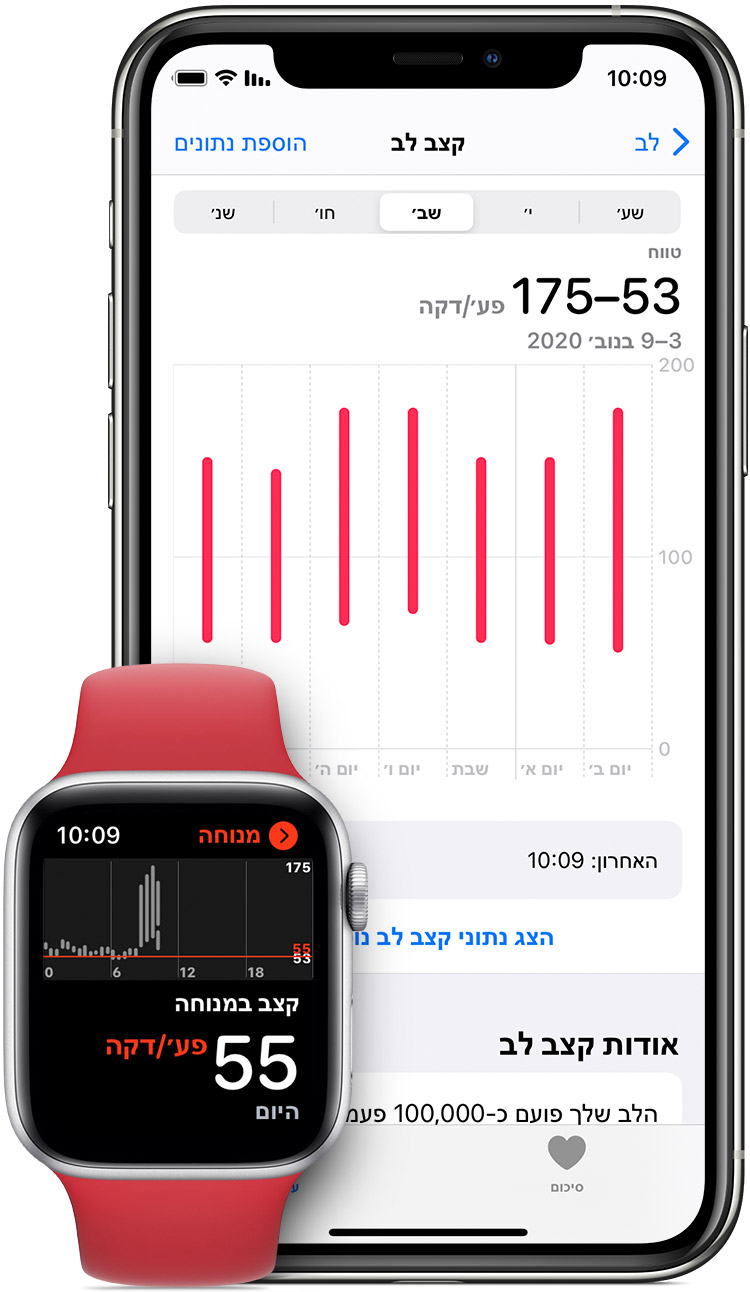נתוני מדידות קצב לב באפליקציה 'בריאות' ב-iPhone ונתוני דופק במנוחה באפליקציה ב-Apple Watch