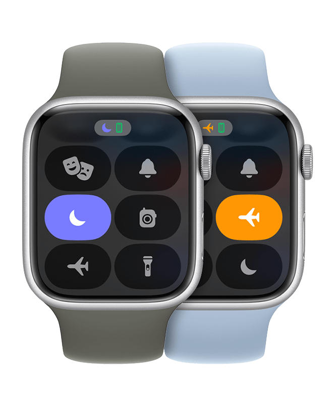 Apple Watch עם האפשרות 'נא לא להפריע' מופעלת ומכשיר נוסף שבו 'מצב טיסה' מופעל