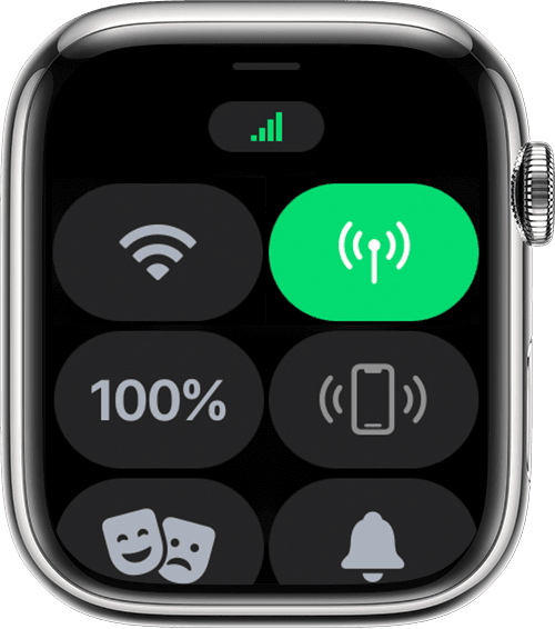 Apple Watch שבו מוצגים פסים המציינים את עוצמת הקליטה הסלולרית בחלק העליון של המסך