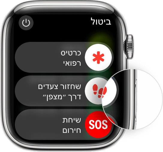 Apple Watch עם כפתור הצד ועם המחוון 'כיבוי'.