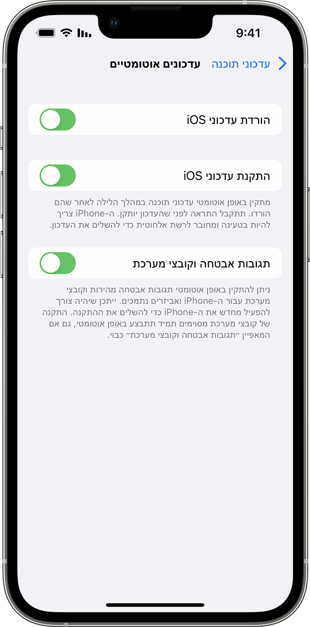 האפליקציה 'הגדרות' ב-iPhone מציגה אפשרויות לעדכון המכשיר באופן אוטומטי.