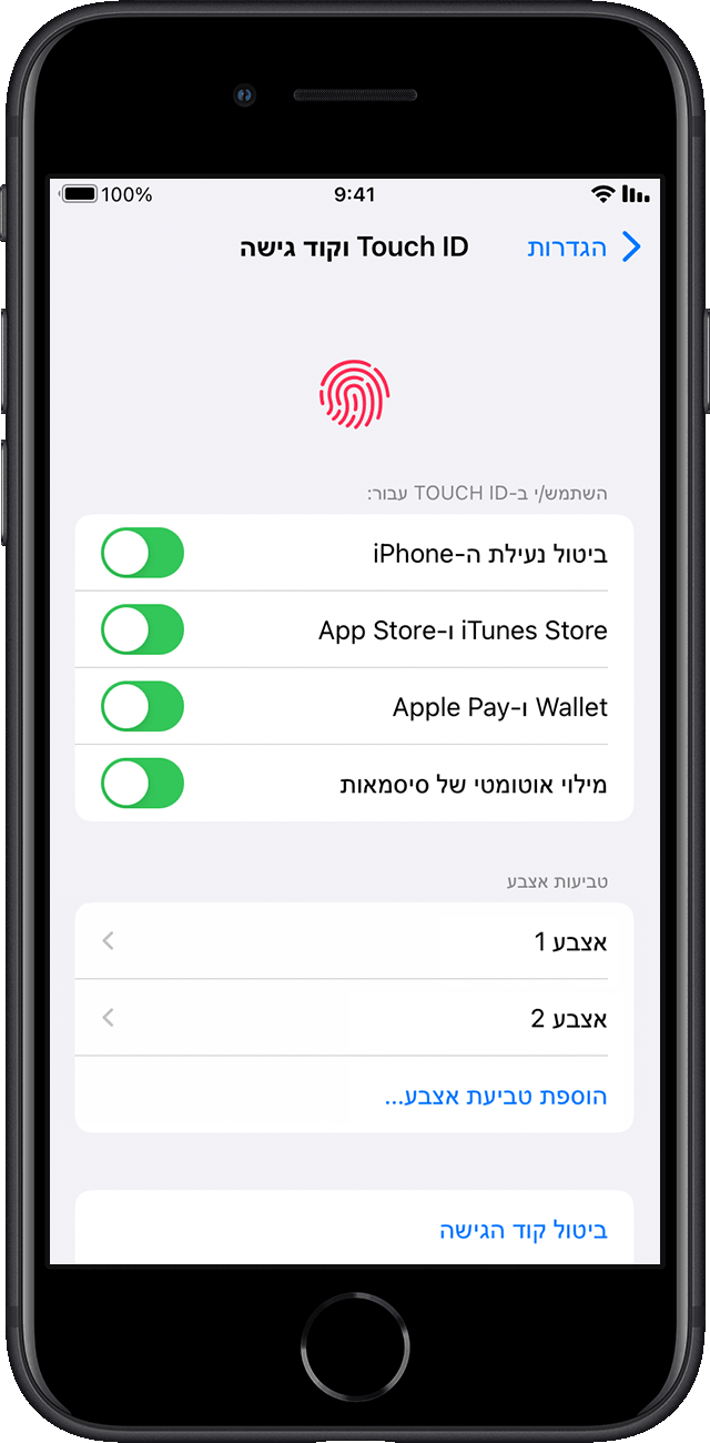 ב'הגדרות', משתמש בוחר אילו תכונות של ה-iPhone לאפשר לצורך שימוש ב-Touch ID