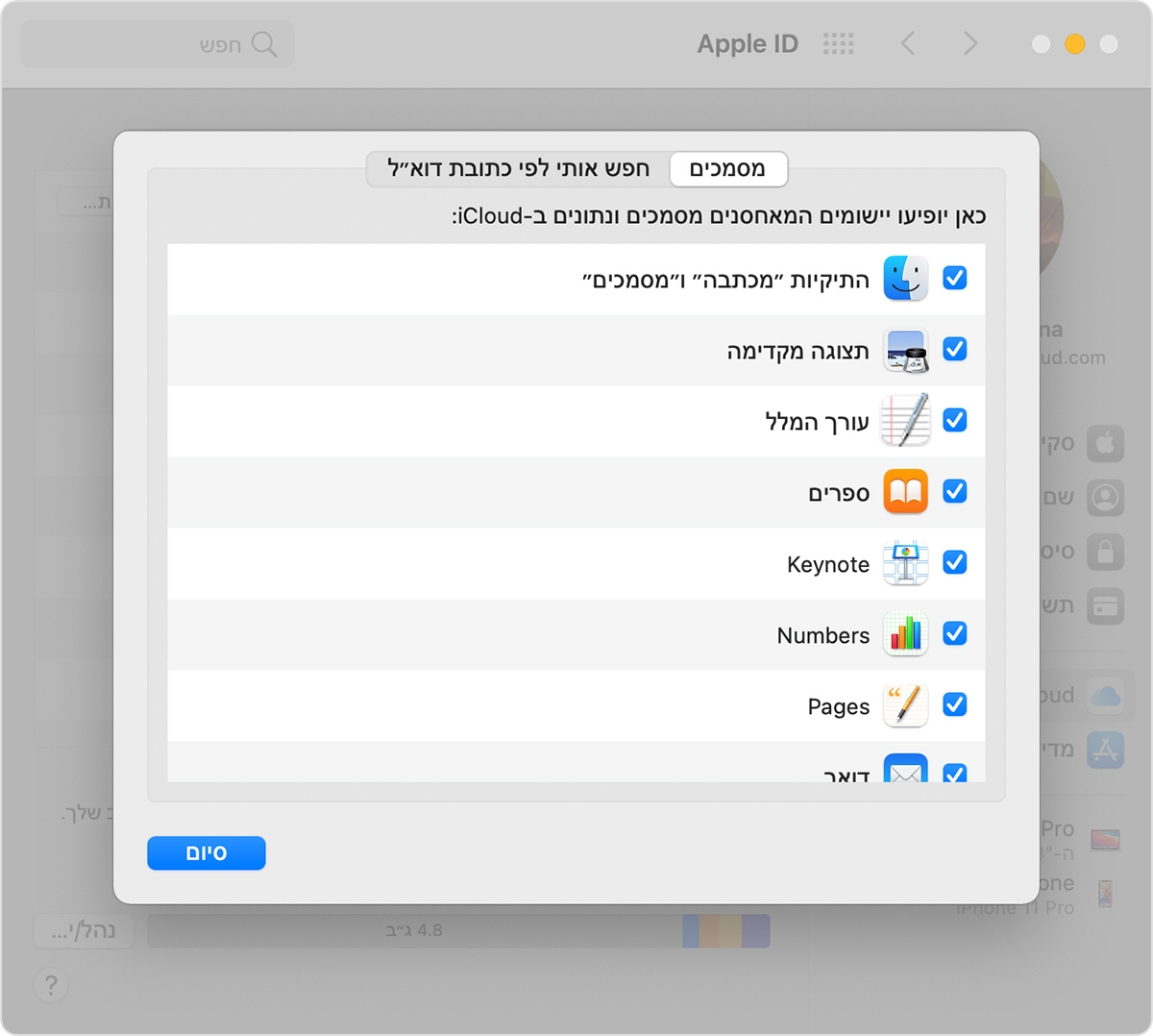 המסך 'אפשרויות' של iCloud Drive ב-Mac ובו מוצגת האפשרות 'התיקיות 