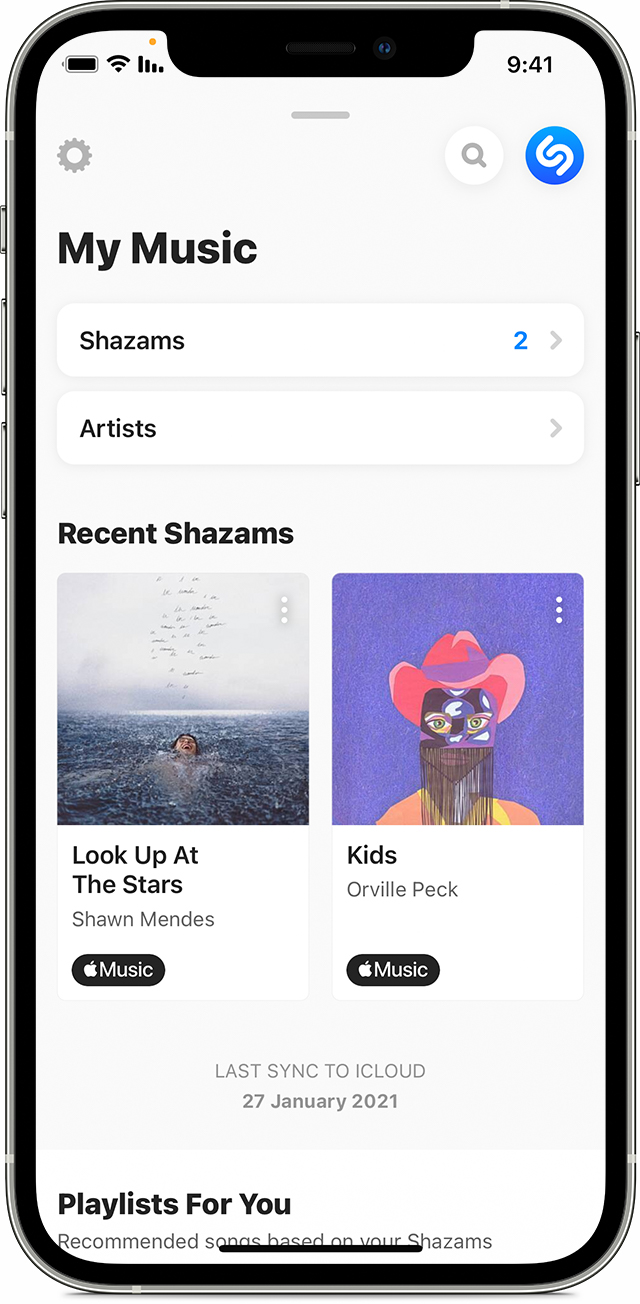 iPhone שבו האפליקציה Shazam פתוחה במסך My Music (המוסיקה שלי)