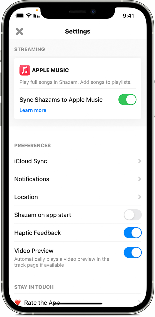 iPhone שבו האפליקציה Shazam פתוחה במסך Settings (הגדרות)
