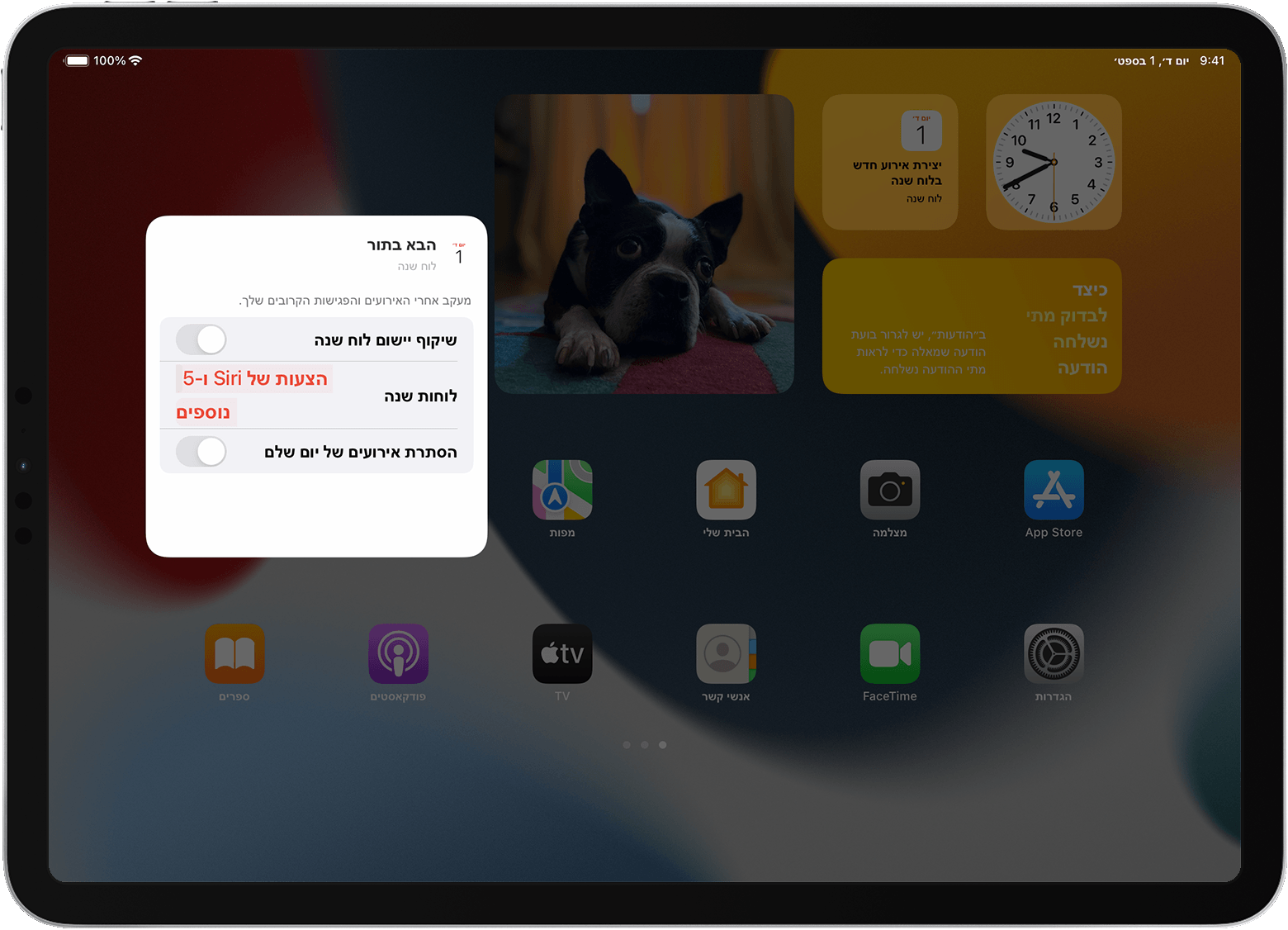 מסך iPad שבו מוצגות אפשרויות הווידג'ט 'תזכורות'
