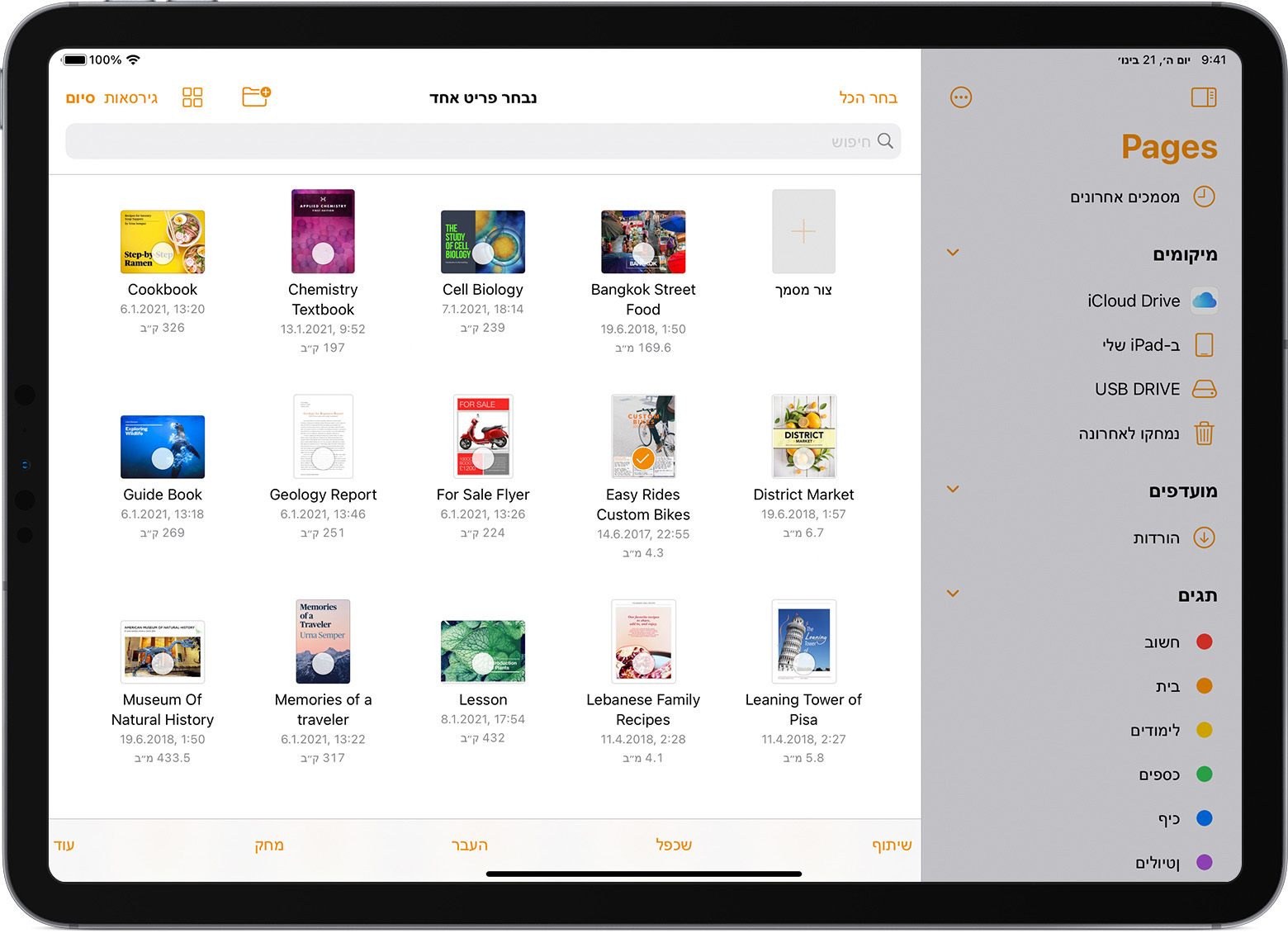 iPad Pro שבו דפדפן הקבצים של Pages פתוח וקובץ אחד נבחר